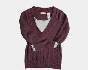 Vintage Stamp 10 Washed Plum Purple V-Neck Twofer Layered Sweater Size M